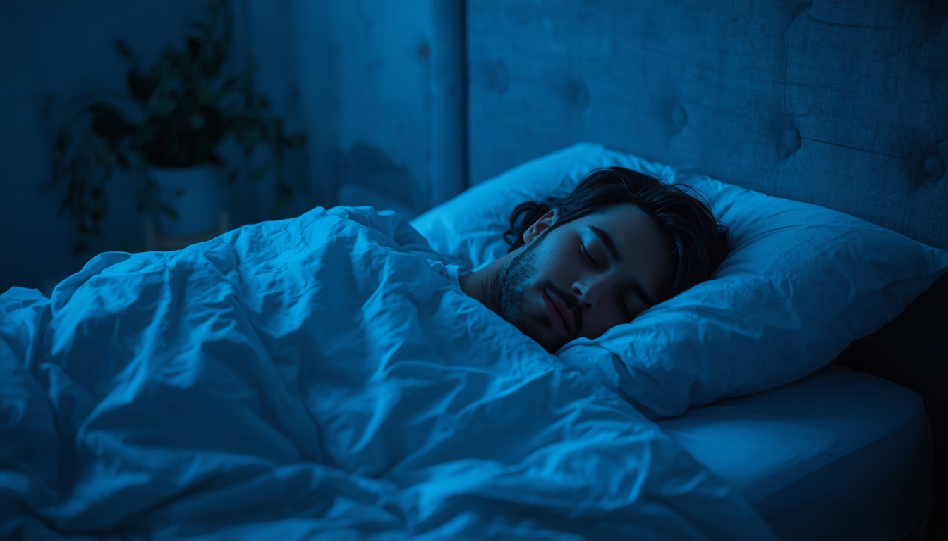 Person experiencing peaceful sleep in serene bedroom environment